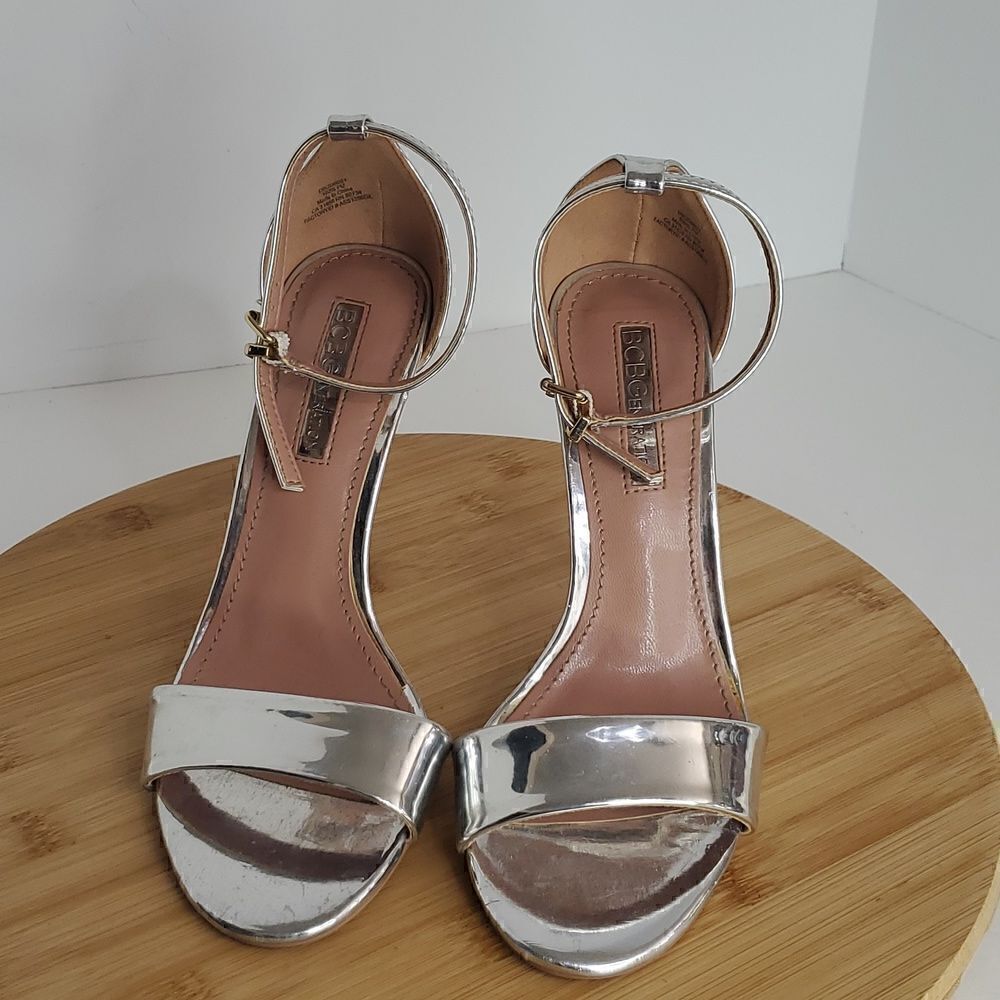 BCBGeneration Women's Silver Ankle Strap Open Toe Stilettos High Heel Sandals 7